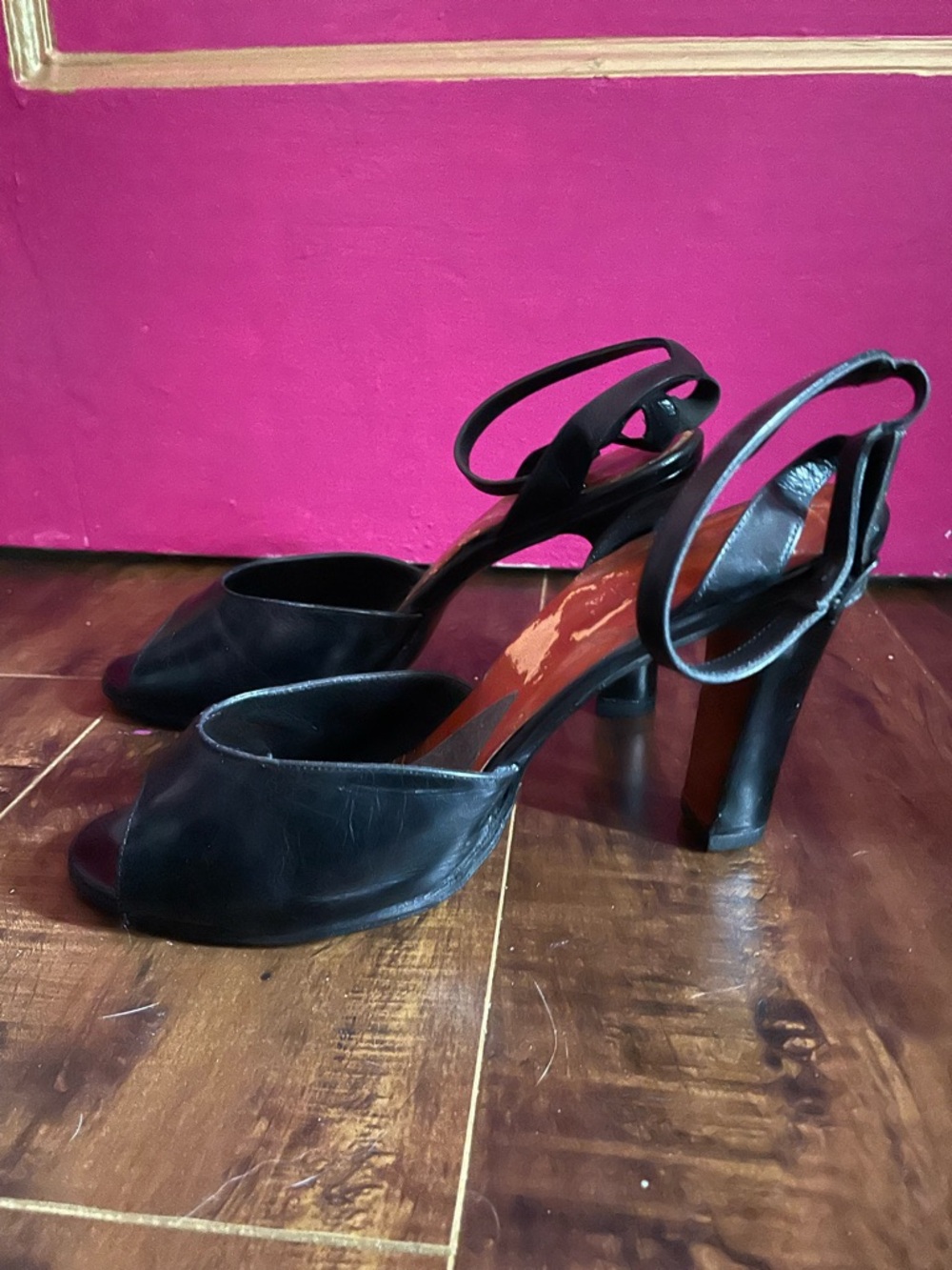 Vtg 1950’s Black leather Open-Toe Ankle-Strap Bettie Page High Heels Women 8.5 - Picture 3 of 8
